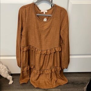 Brown Ruffle Long Sleeve Dress